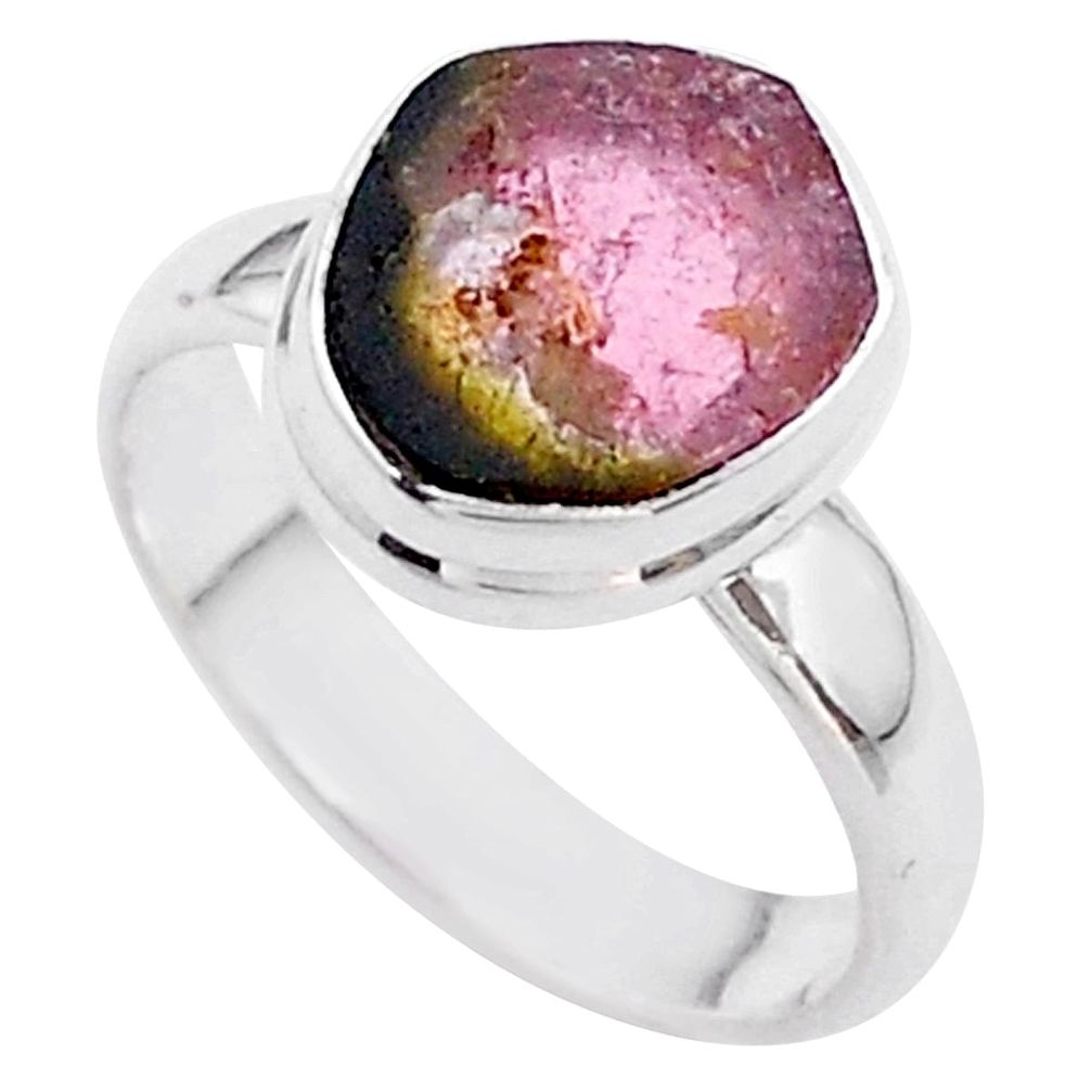 4.33cts solitaire natural watermelon tourmaline slice silver ring size 6 t46312