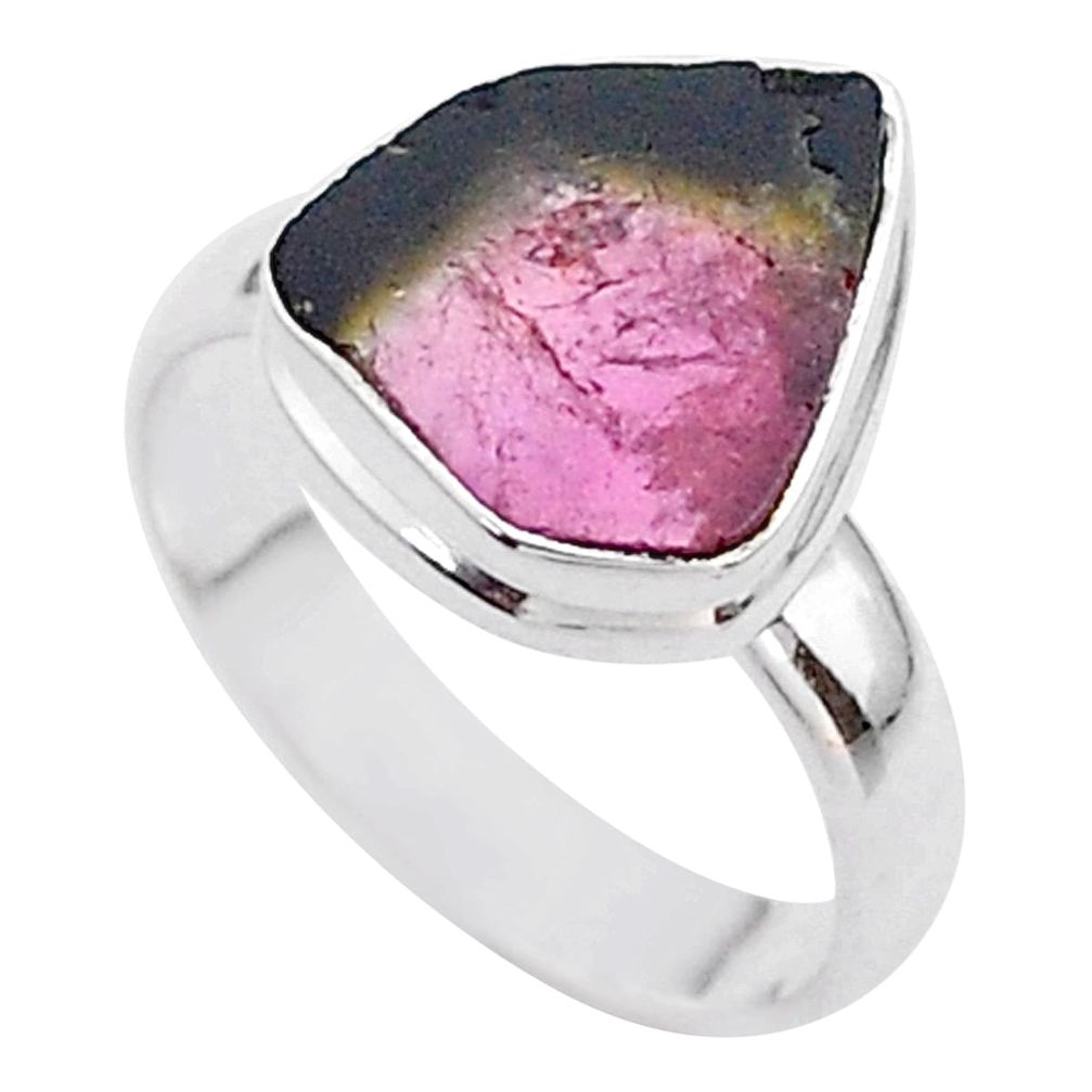 4.84cts solitaire natural watermelon tourmaline slice silver ring size 7 t46302