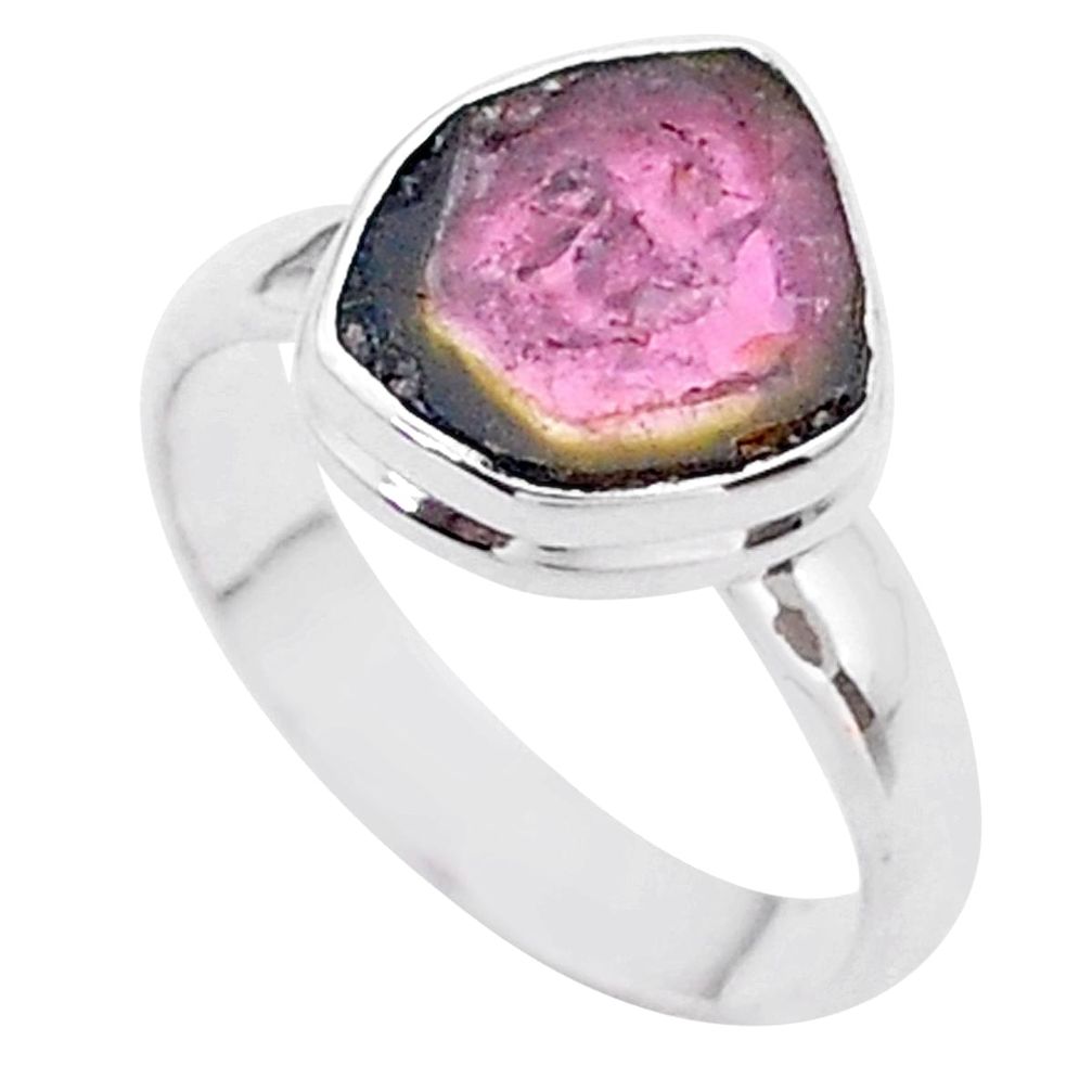 4.21cts solitaire natural watermelon tourmaline slice silver ring size 7 t46306