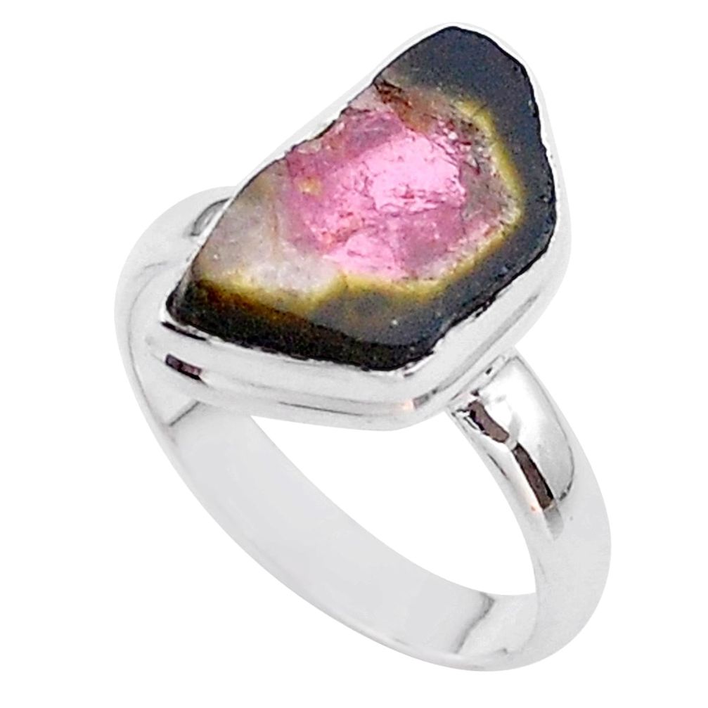 6.39cts solitaire natural watermelon tourmaline slice silver ring size 8 t46296