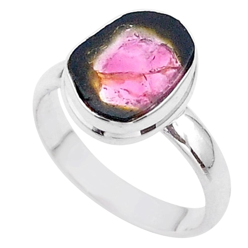 4.18cts solitaire natural watermelon tourmaline slice silver ring size 8 t46301
