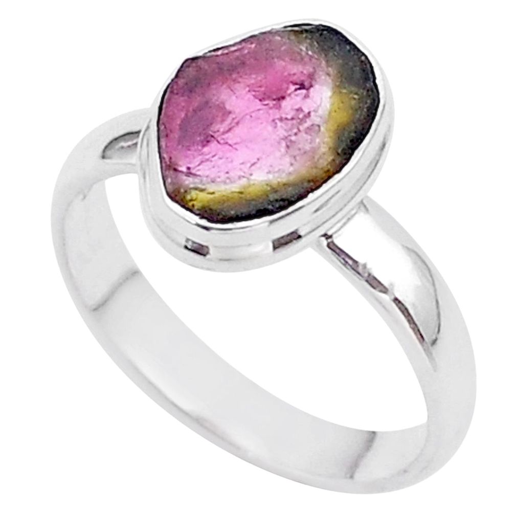 4.60cts solitaire natural watermelon tourmaline slice silver ring size 8 t46311