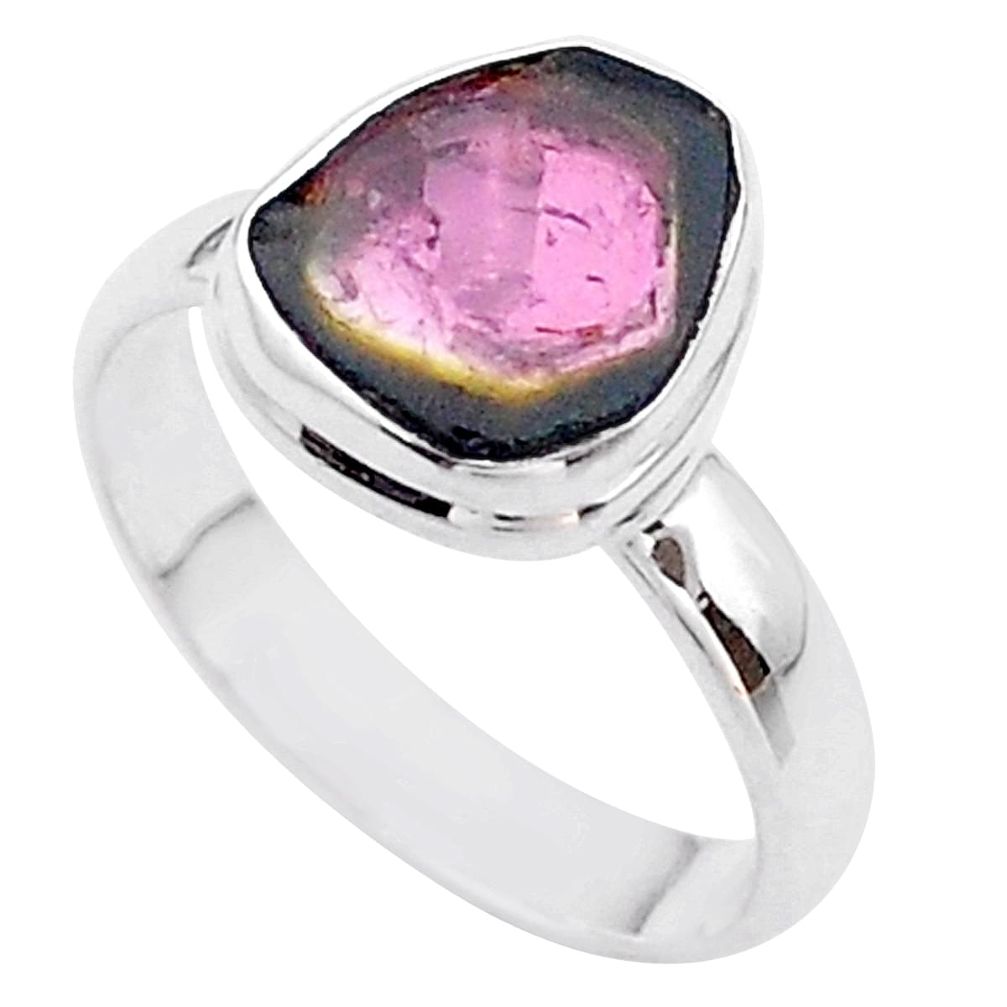 4.43cts solitaire natural watermelon tourmaline slice silver ring size 8 t46342