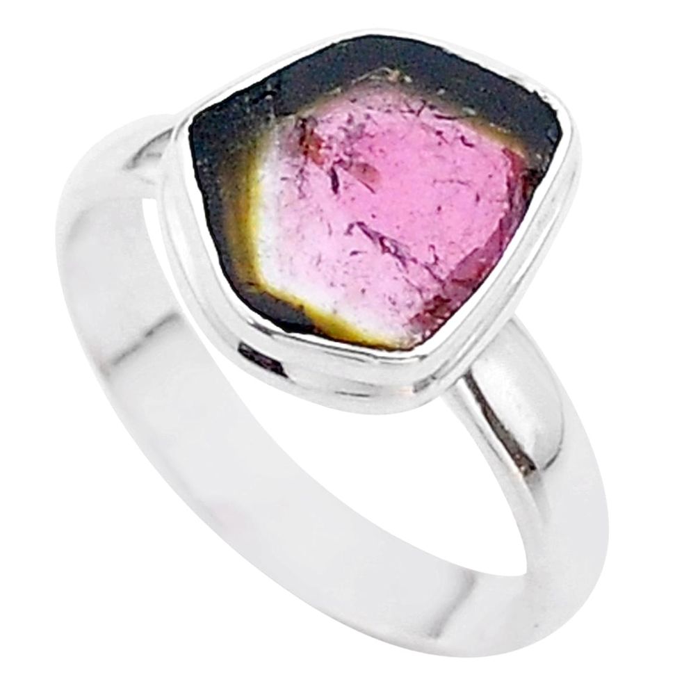 4.63cts solitaire natural watermelon tourmaline slice silver ring size 8 t46349