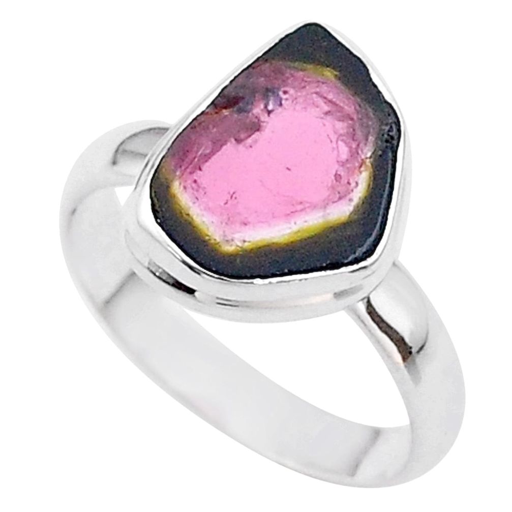 5.11cts solitaire natural watermelon tourmaline slice silver ring size 9 t46315