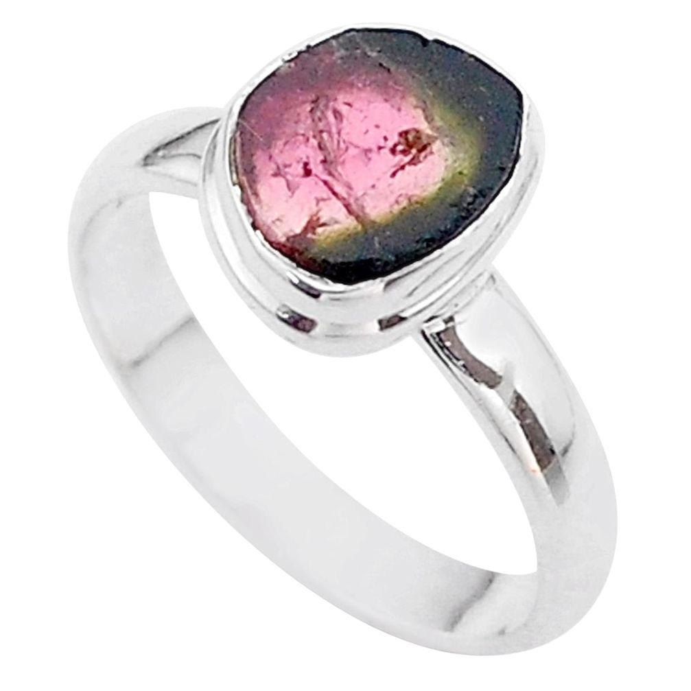 4.21cts solitaire natural watermelon tourmaline slice silver ring size 9 t46317