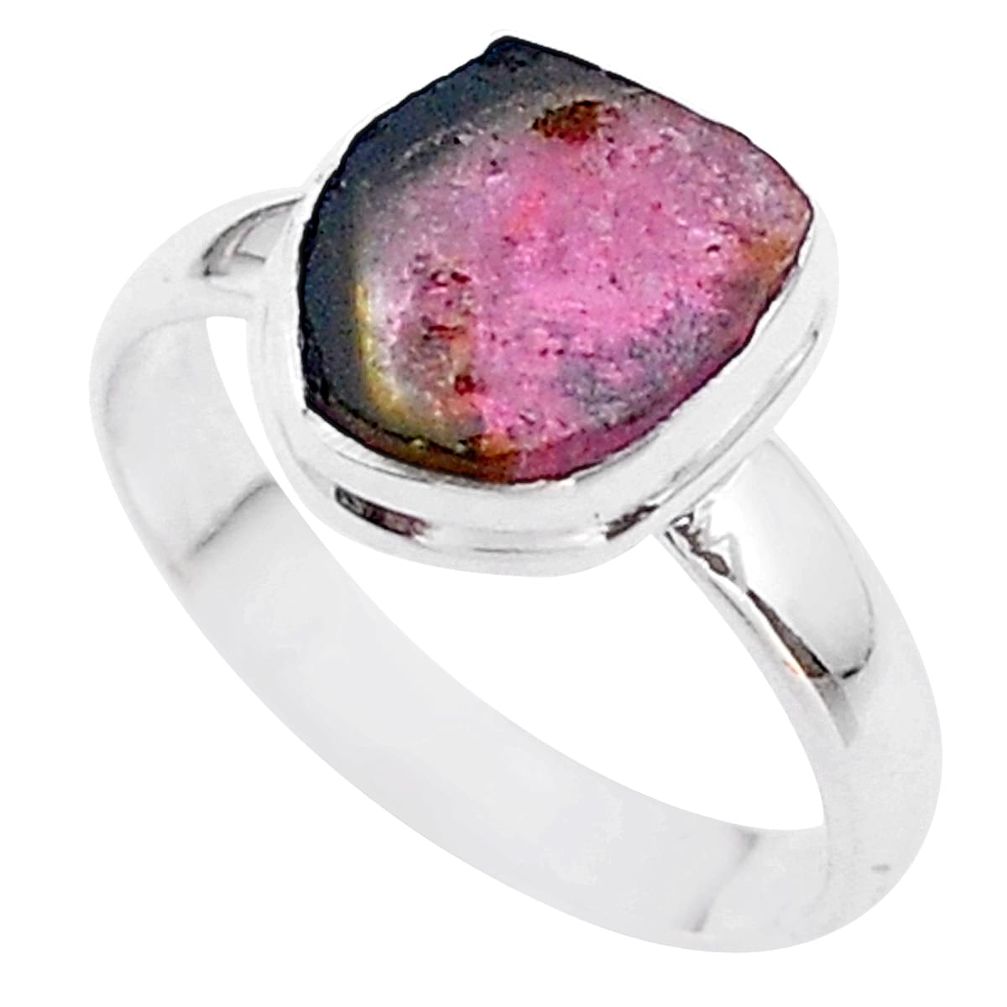 4.66cts solitaire natural watermelon tourmaline slice silver ring size 9 t46330