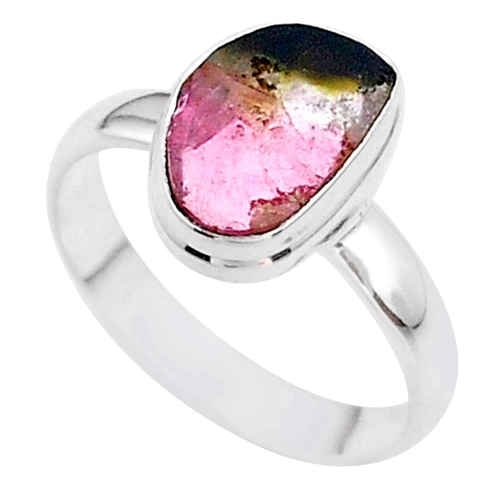 4.69cts solitaire natural watermelon tourmaline slice silver ring size 9 t46347