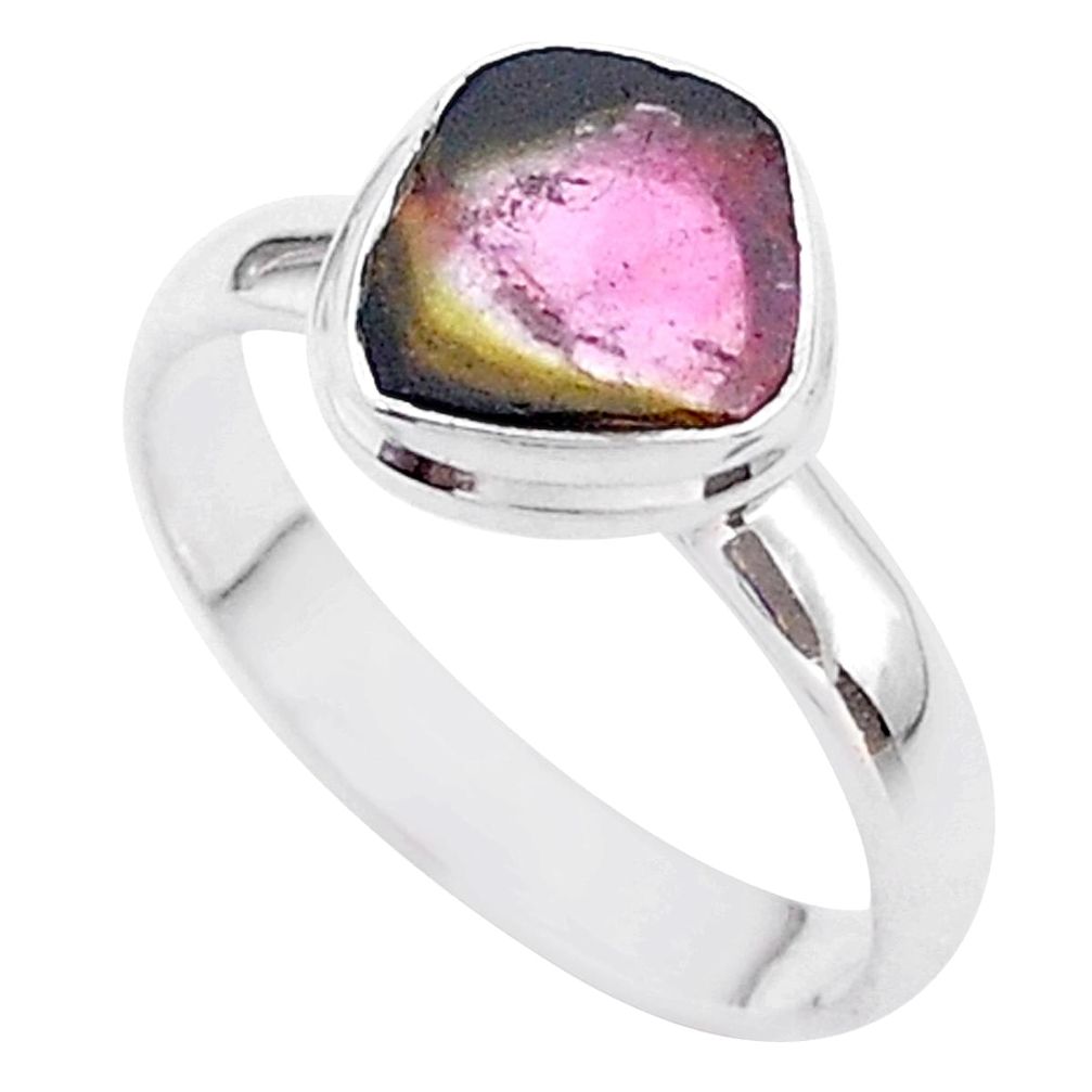 3.98cts solitaire natural watermelon tourmaline slice silver ring size 9 t46356