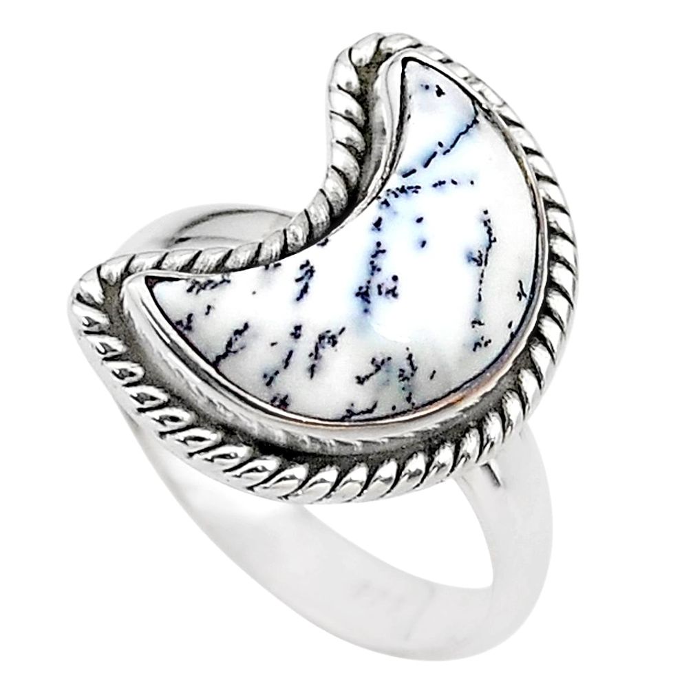 5.82cts moon natural white dendrite opal 925 silver ring size 7 t22147