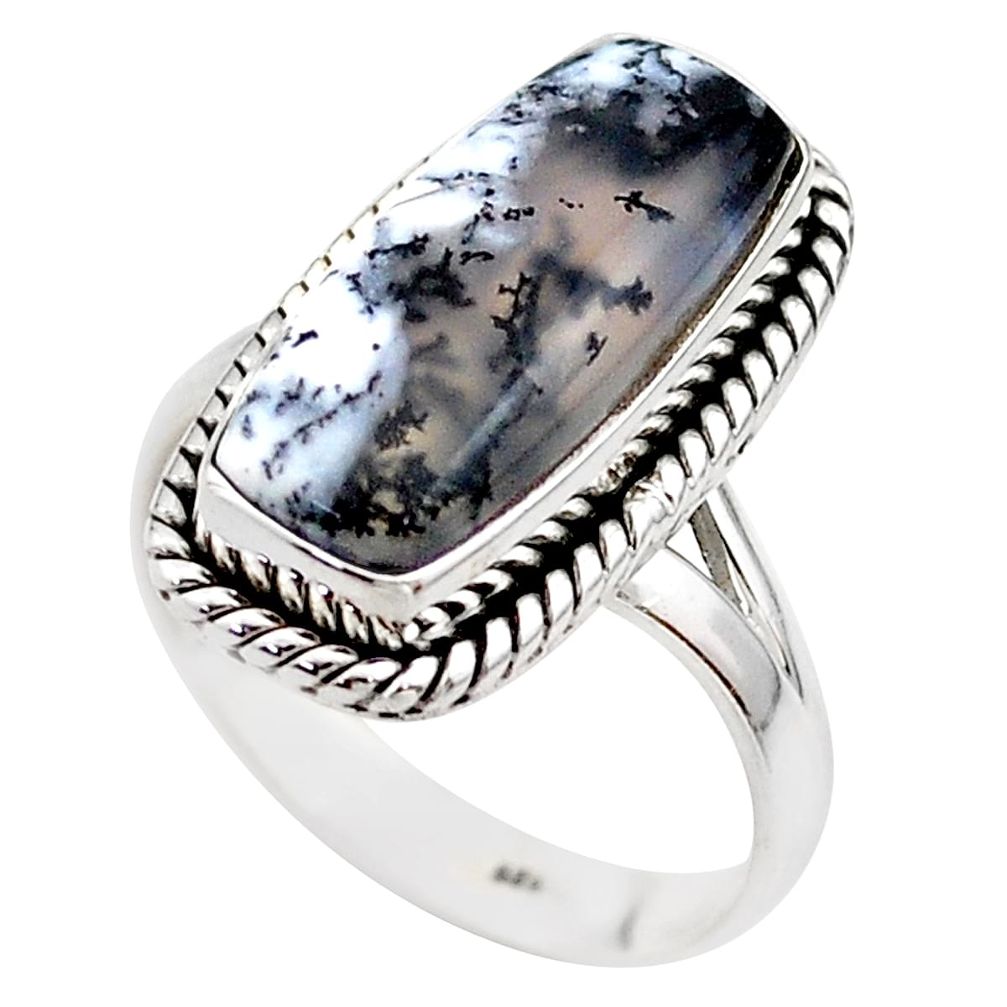 6.80cts solitaire natural white dendrite opal 925 silver ring size 8.5 t75085