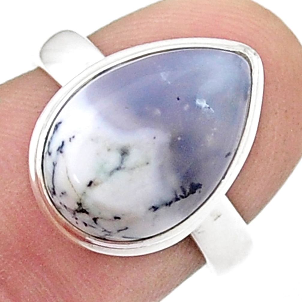 6.54cts solitaire natural white dendrite opal 925 silver ring size 6.5 u47822