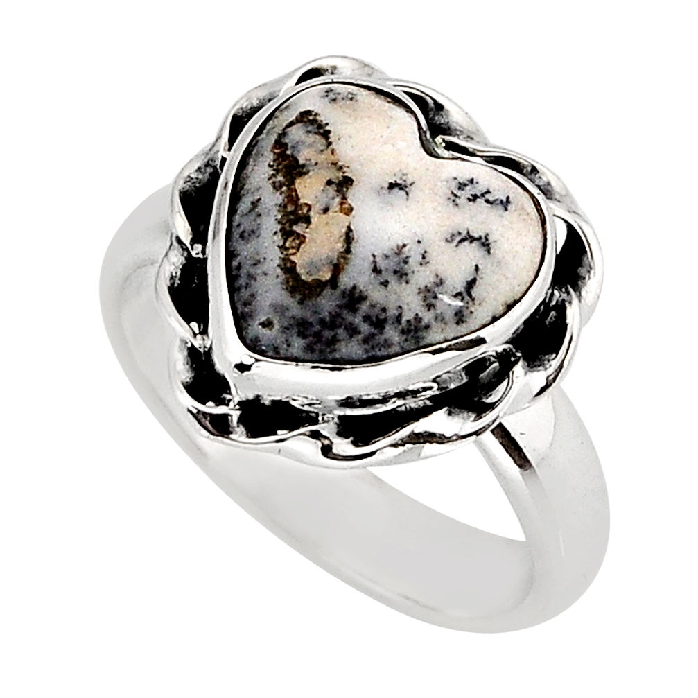 5.02cts solitaire natural white dendrite opal heart silver ring size 5 y75835