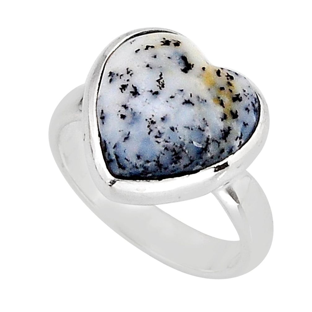 6.26cts solitaire natural white dendrite opal heart silver ring size 6 y75440