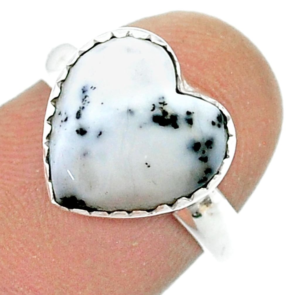 5.68cts solitaire natural white dendrite opal heart silver ring size 7 u45968