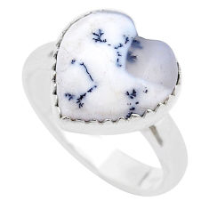 5.64cts solitaire natural white dendrite opal heart silver ring size 7 u46020
