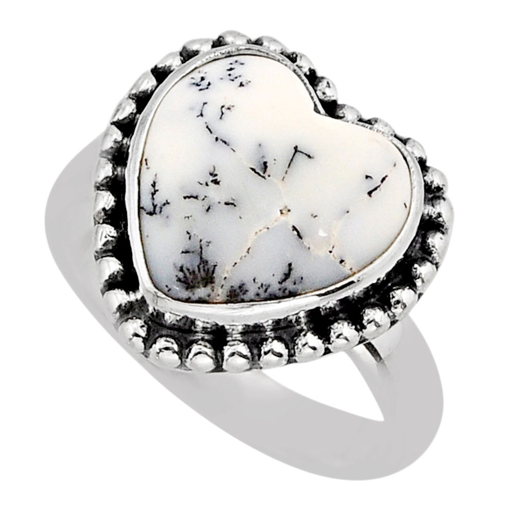 6.36cts solitaire natural white dendrite opal heart silver ring size 7 y75818