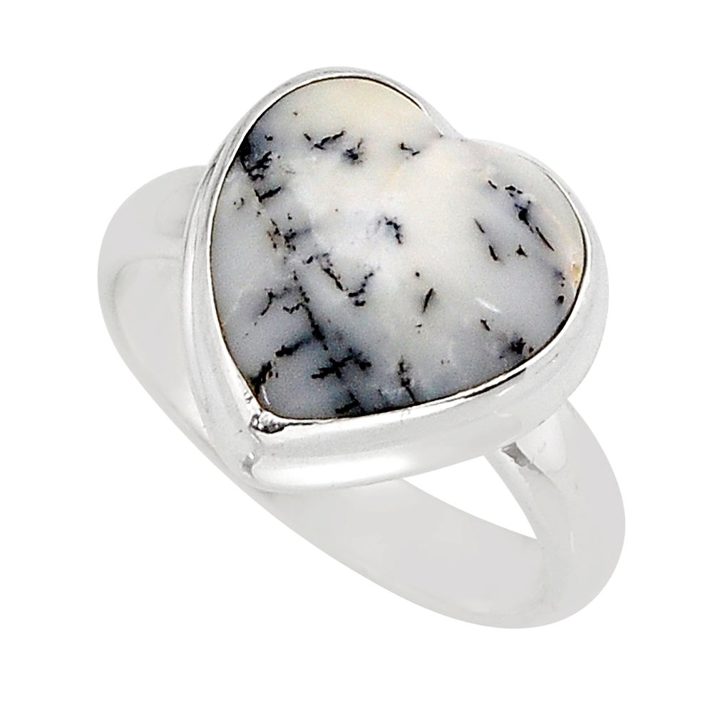 6.26cts solitaire natural white dendrite opal heart silver ring size 7 y75838