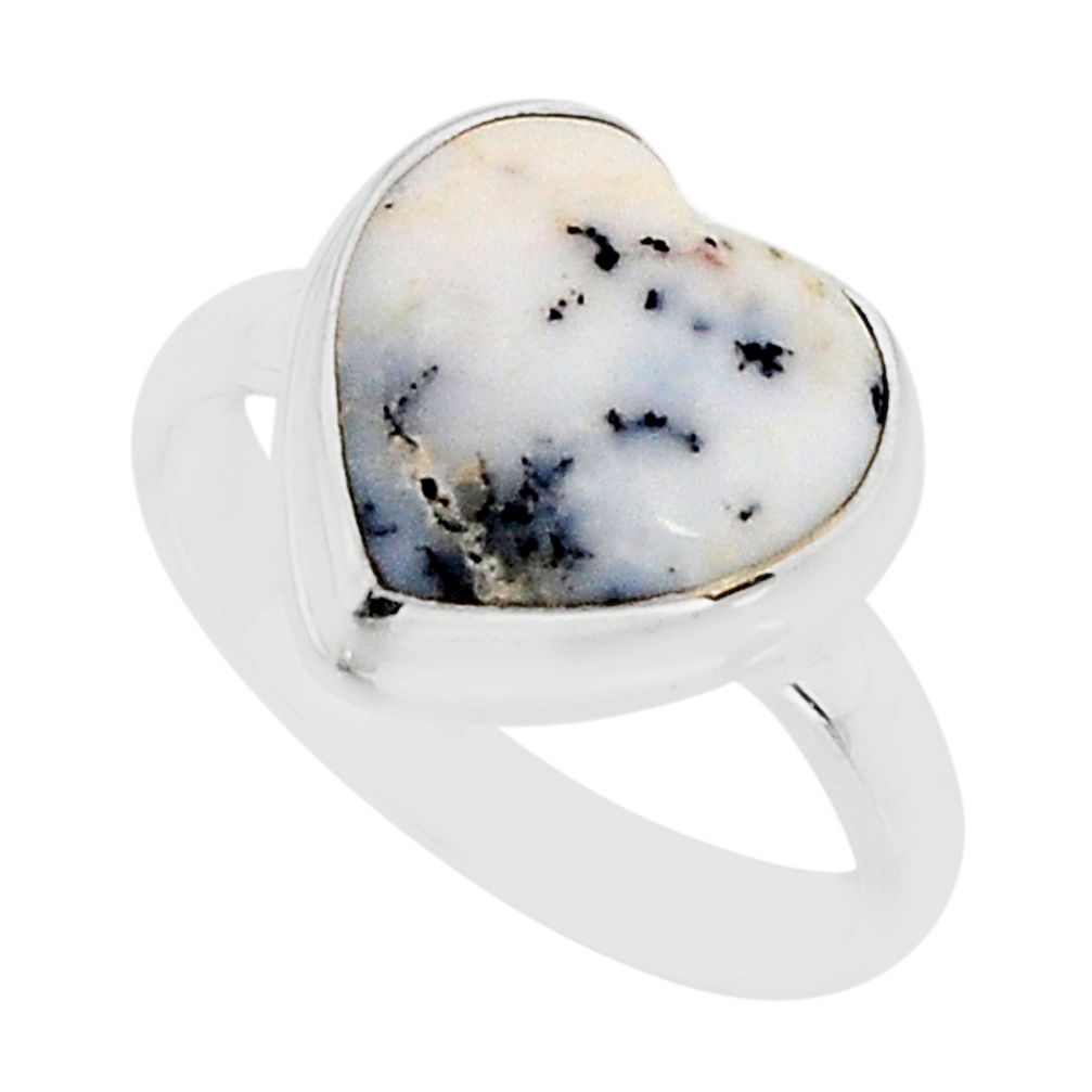 5.35cts solitaire natural white dendrite opal heart silver ring size 8 y75406