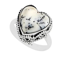 6.33cts solitaire natural white dendrite opal heart silver ring size 6.5 y55275
