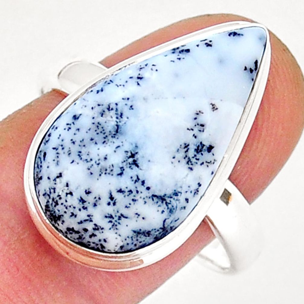 12.79cts solitaire natural white dendrite opal pear silver ring size 9.5 y15852