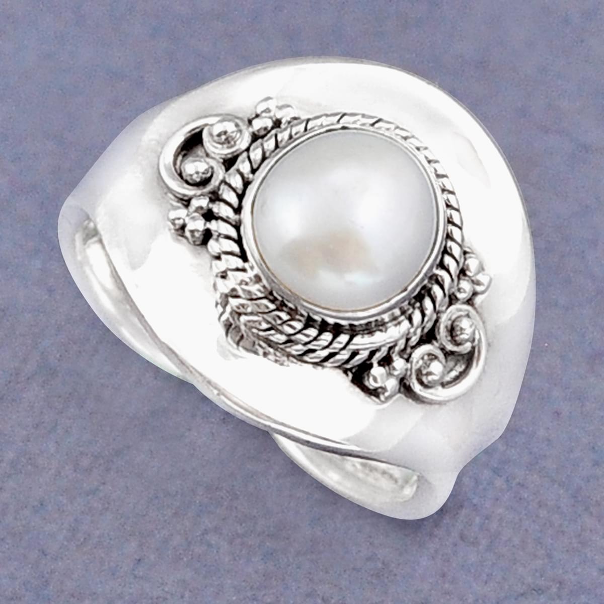 Solitaire Natural White Pearl 925 Silver Adjustable Ring Size 8 Y26711 ...