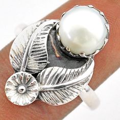 4.86cts solitaire natural white pearl 925 silver flower ring size 8.5 t86636