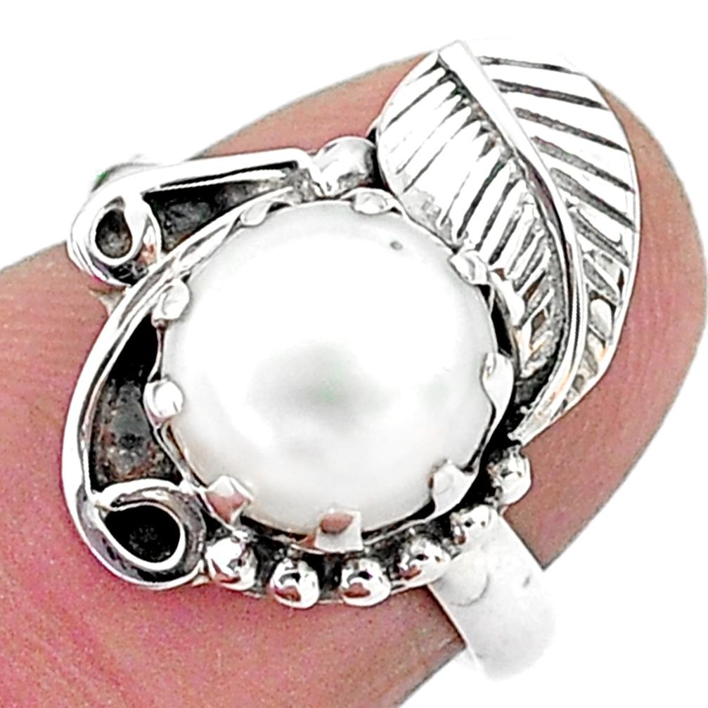 4.92cts solitaire natural white pearl 925 sterling silver leaf ring size 6 t6394