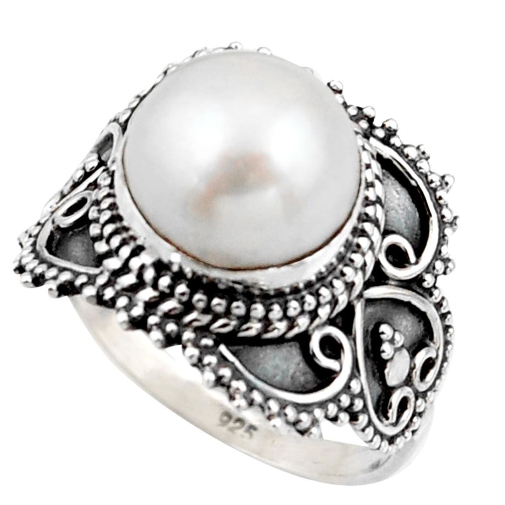 6.15cts solitaire natural white pearl 925 sterling silver ring size 8.5 r41998
