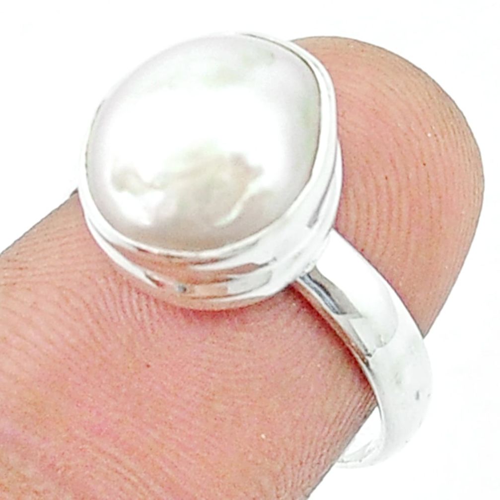 4.87cts solitaire natural white pearl 925 sterling silver ring size 7 u36499