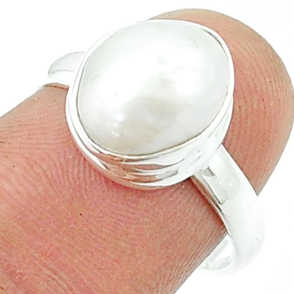 4.88cts solitaire natural white pearl 925 sterling silver ring size 8 u36486