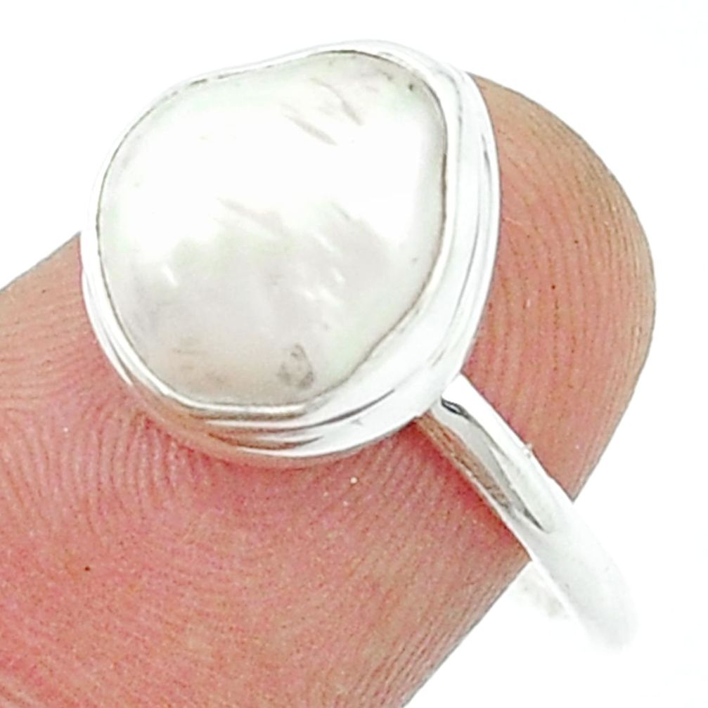 4.22cts solitaire natural white pearl 925 sterling silver ring size 7.5 u36482