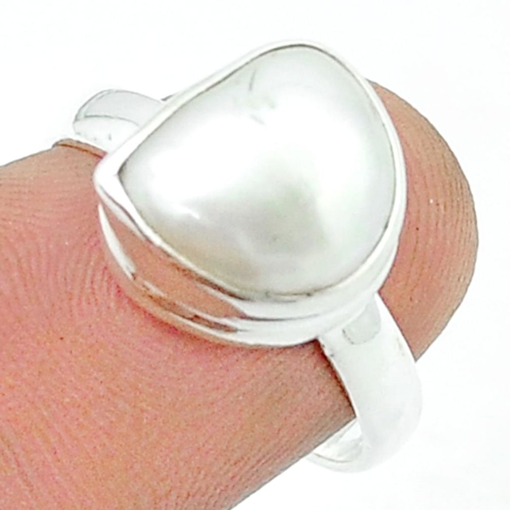 4.90cts solitaire natural white pearl 925 sterling silver ring size 7.5 u36494