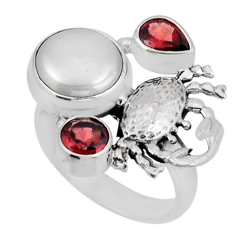 6.54cts solitaire natural white pearl garnet 925 silver crab ring size 7 y56446
