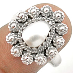 2.12cts solitaire natural white pearl pear silver flower ring size 7.5 u16415
