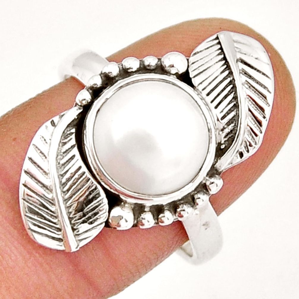 5.28cts solitaire natural white pearl round leaf 925 silver ring size 8.5 y6521