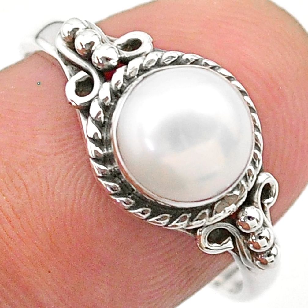 2.56cts solitaire natural white pearl round shape silver ring size 7.5 t26105