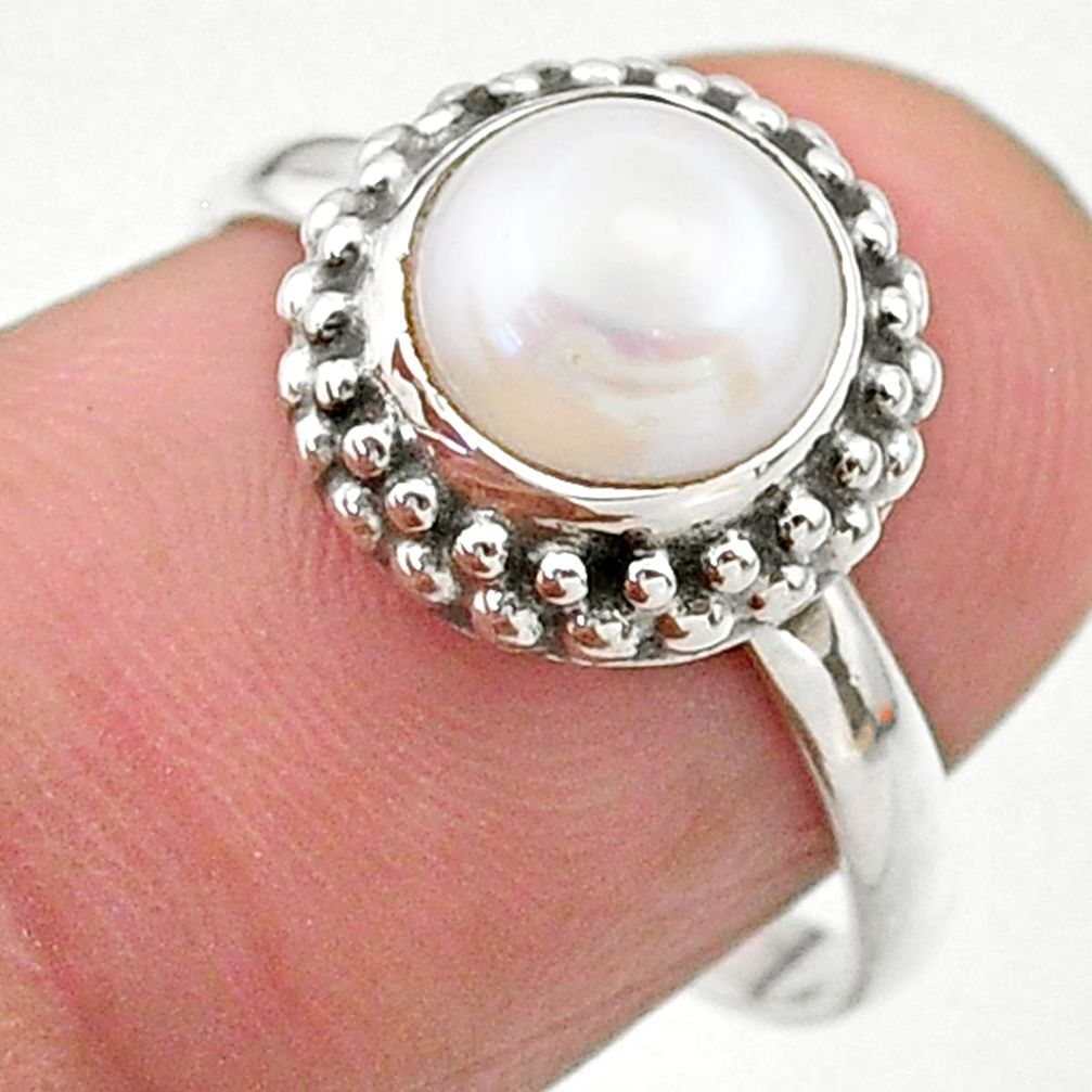 2.39cts solitaire natural white pearl round shape silver ring size 7.5 t26295