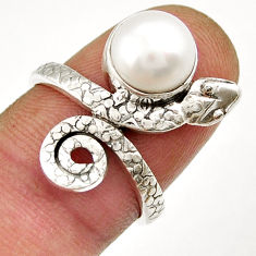 2.93cts solitaire natural white pearl round silver snake ring size 7.5 y26134