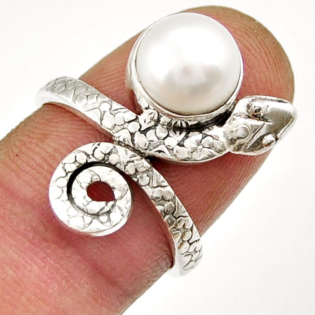 3.14cts solitaire natural white pearl round silver snake ring size 6.5 y26137