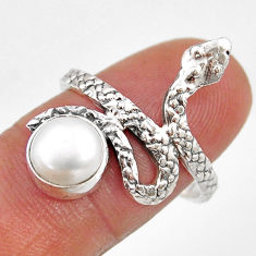 3.05cts solitaire natural white pearl round silver snake ring size 8.5 y67967