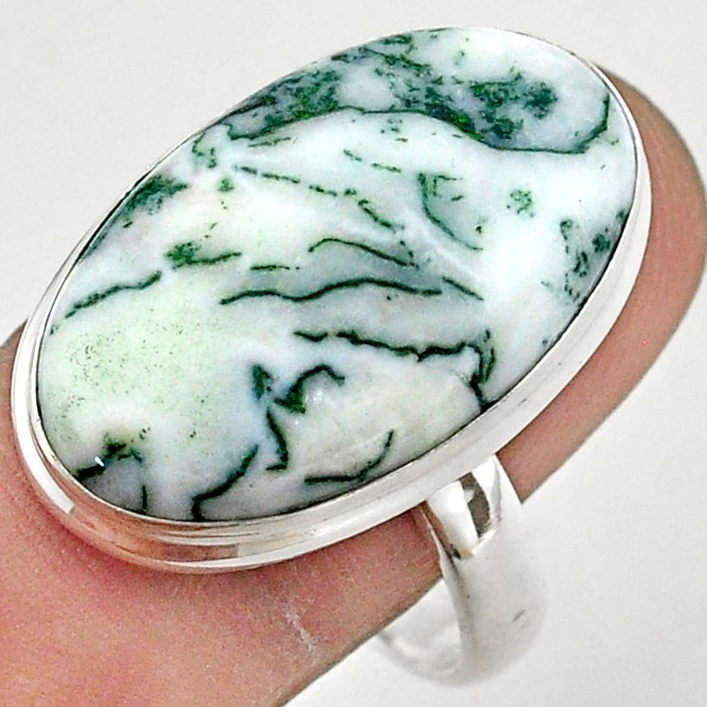 18.70cts solitaire natural white tree agate oval 925 silver ring size 10 t42807