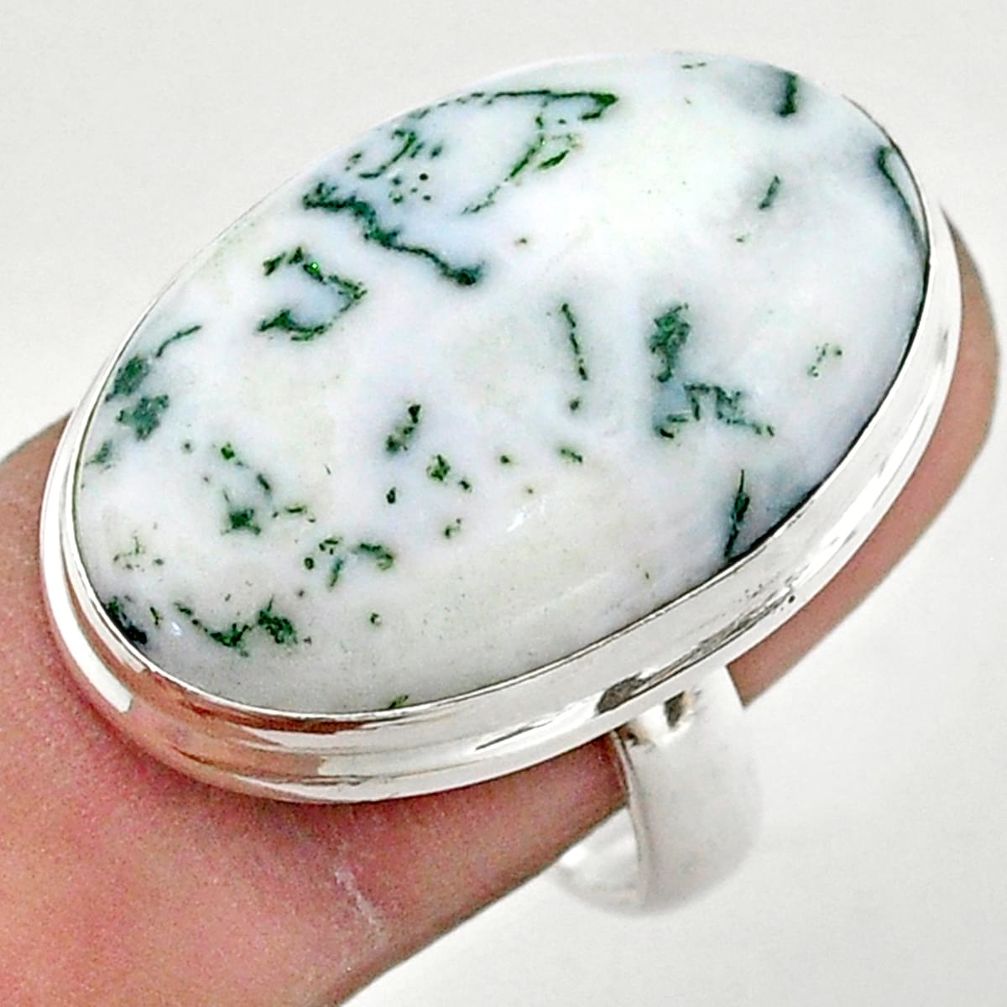 18.70cts solitaire natural white tree agate oval 925 silver ring size 8 t42804