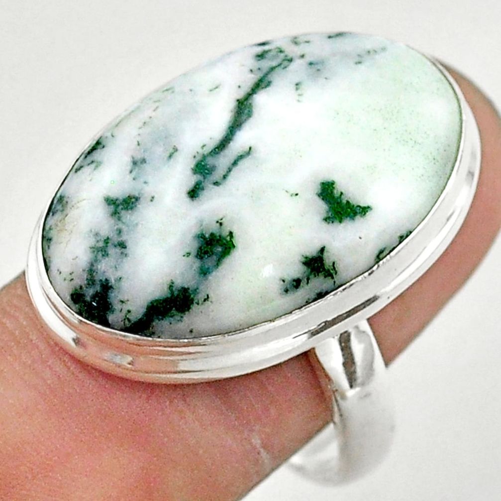 18.70cts solitaire natural white tree agate oval 925 silver ring size 9 t42809