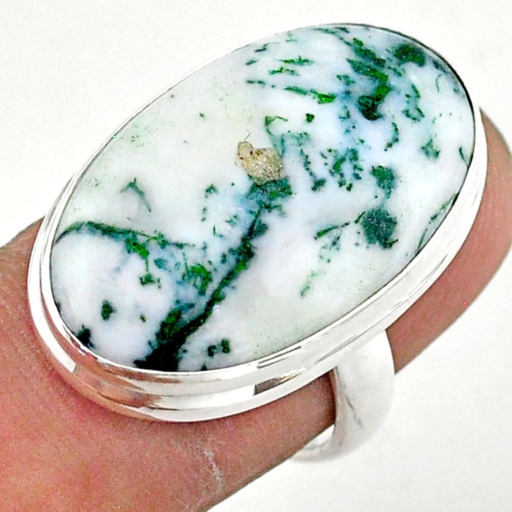 18.17cts solitaire natural white tree agate oval 925 silver ring size 6.5 t42810