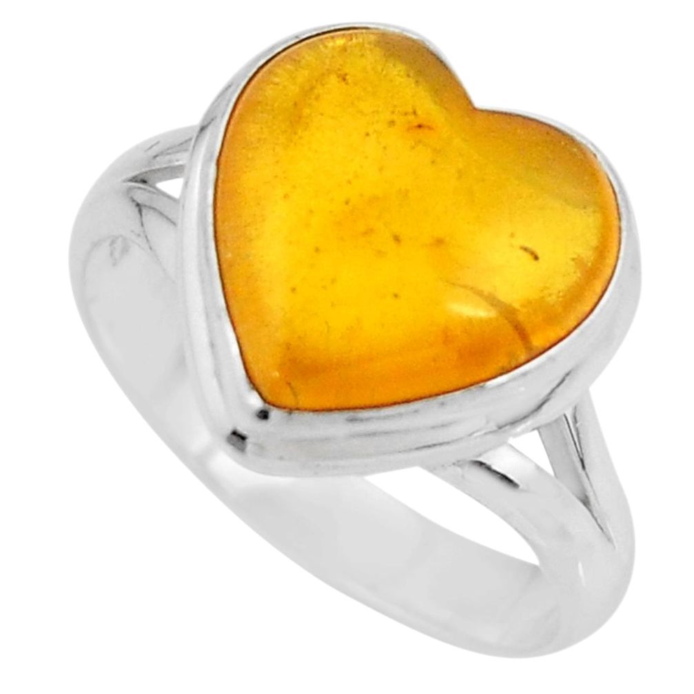 5.06cts solitaire natural yellow amber bone heart silver ring size 7.5 r51271