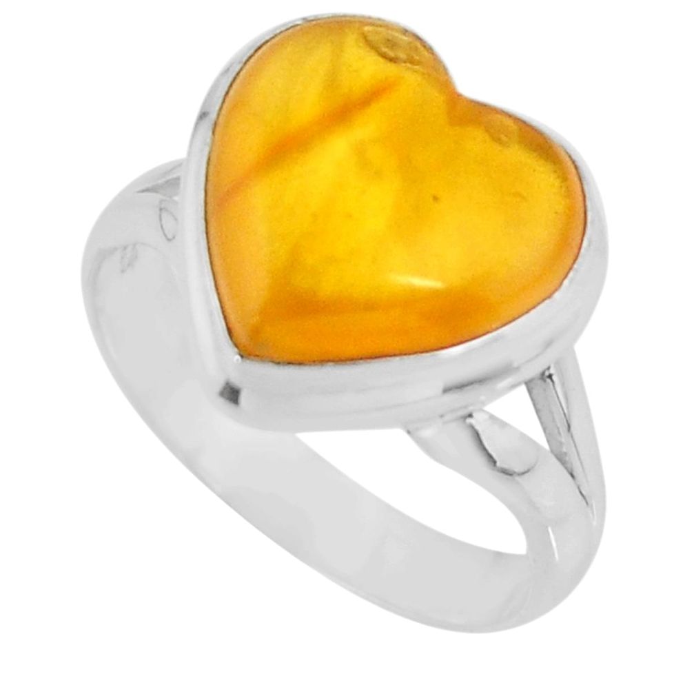 5.06cts solitaire natural yellow amber bone heart silver ring size 6.5 r51272