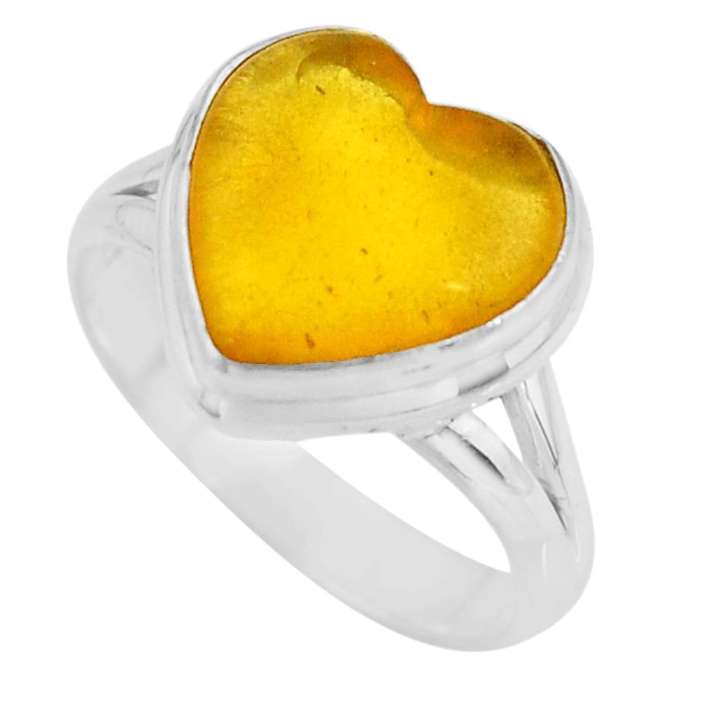 5.06cts solitaire natural yellow amber bone heart silver ring size 7.5 r51277