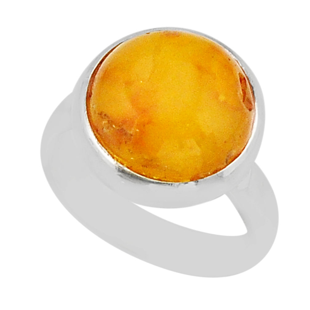 5.95cts solitaire natural yellow amber bone round 925 silver ring size 6 y72042