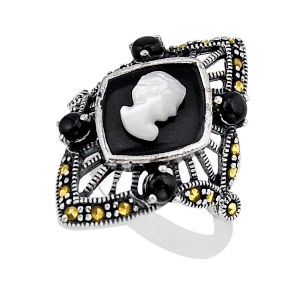 6.03cts solitaire opal cameo on black onyx marcasite silver ring size 6.5 y66030